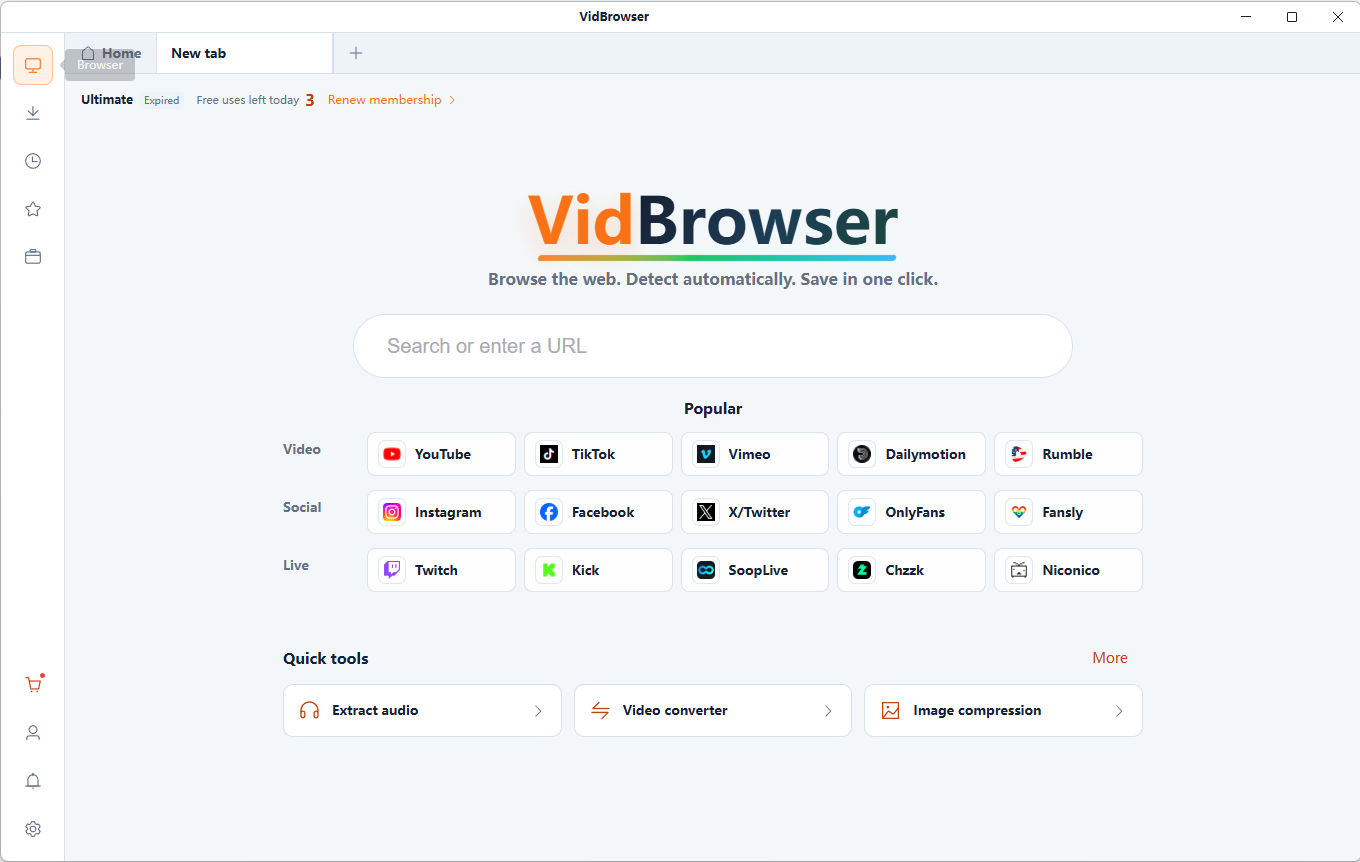 VidBrowser desktop home screen with X/Twitter shortcut and built-in media tools